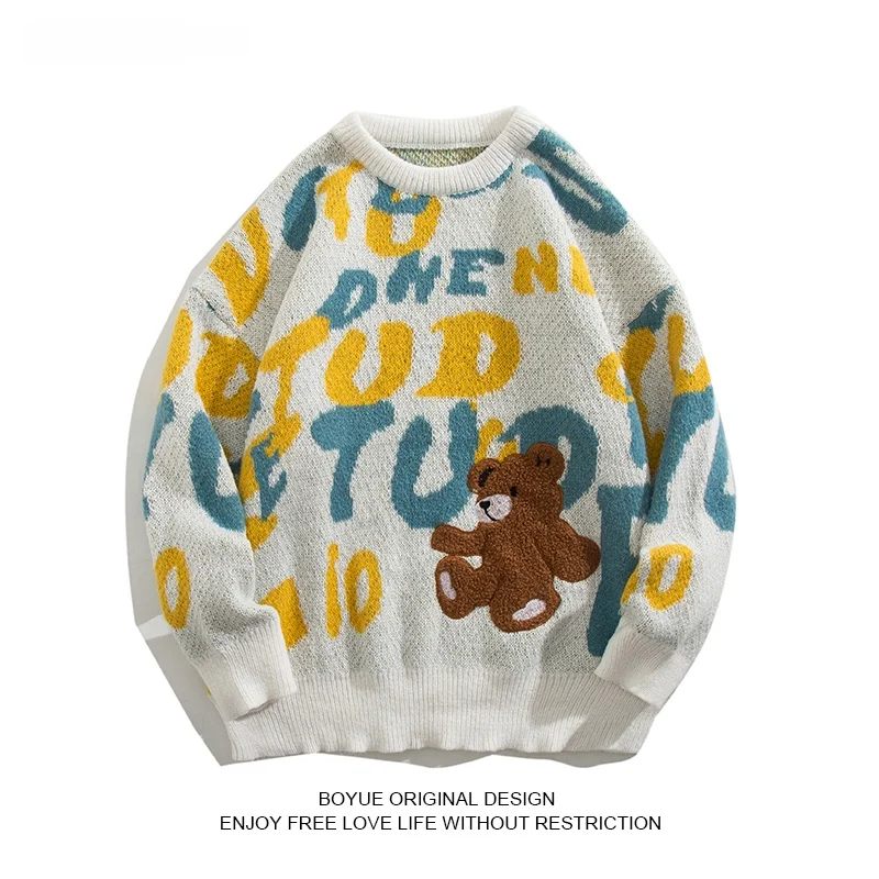

Boyue Cute Bear Knitted Sweater Oversize Couple's Autumn Winter Faionable Casual Loose Fit round Ne Long Sve Youthwear