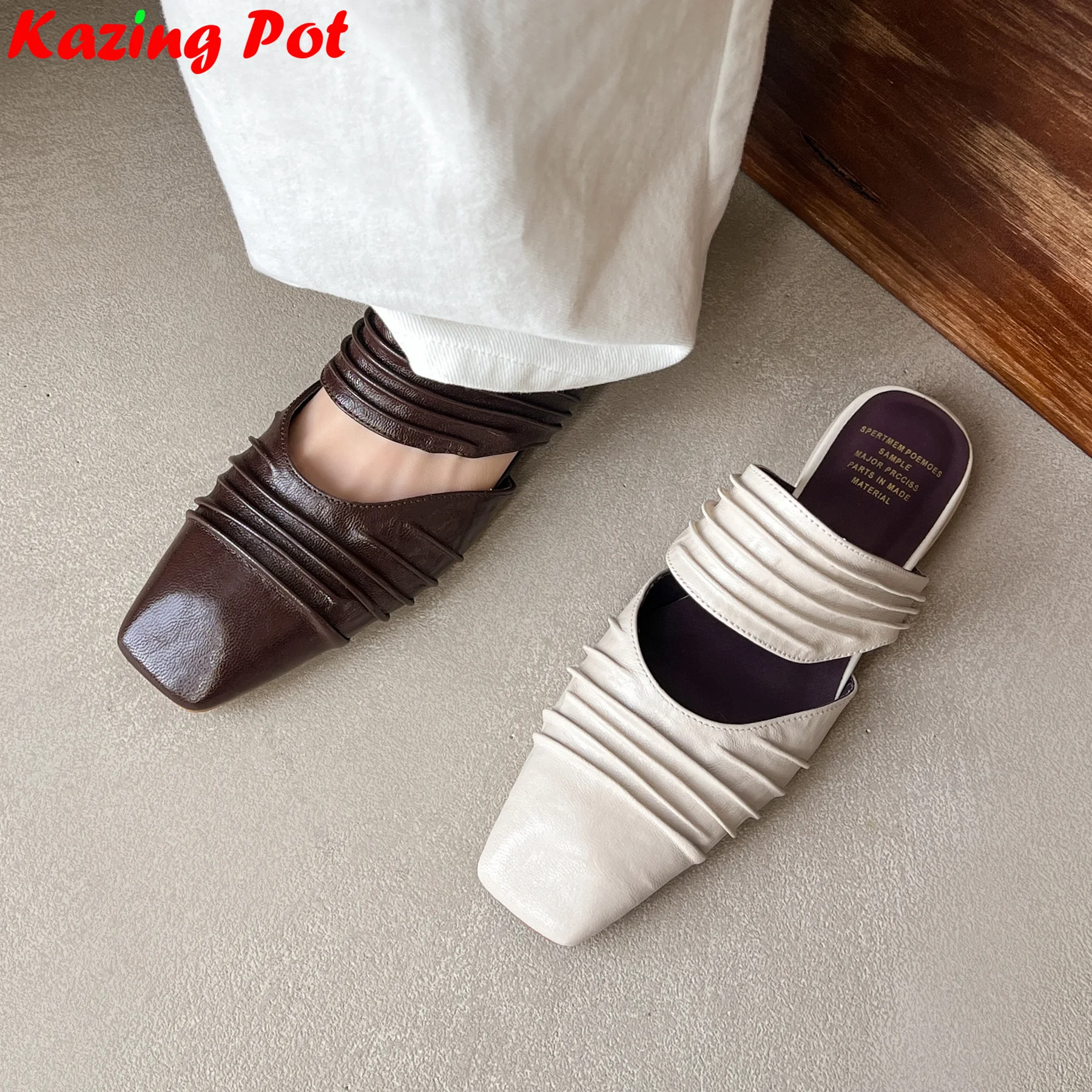 

Krazing Pot Plus Size Sheepskin Square Toe Low Heels Pleated Summer Shoes Slingback Concise Mules Office Lady Dating Women Pumps