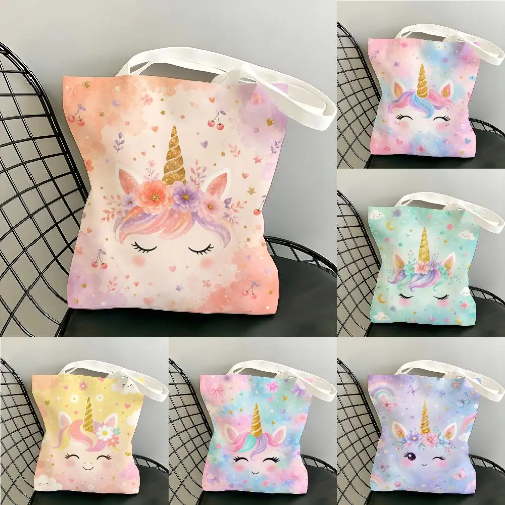 Unicorn Floral Storage Bags Canvas Tote Bag Large Double-Sided Print Daily Commute School Fashio0 Shoppingn Casual Style&Gift