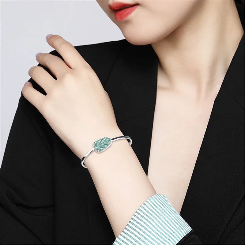 Natural Jade Leaf Bracelet S925 Silver Inlaid Zircon Ice Jade Female Fashion Jewelry Authentic Gift with Certificate