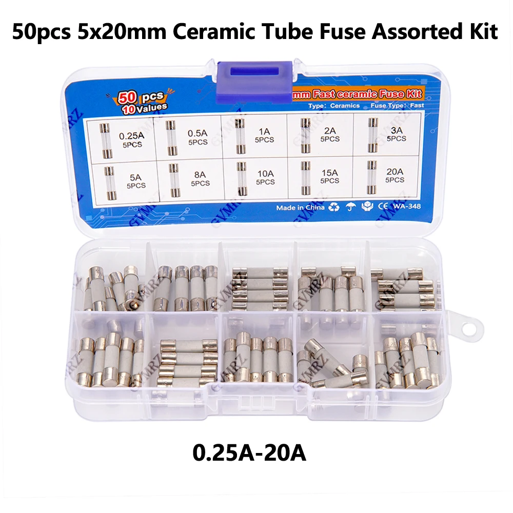 50pcs 5x20mm 0.25A-20A Ceramic Tube Fuse Assorted Kit Amp 0.25A 0.5A 1A 2A 3A 5A 8A 10A 15A 20A 250V with Storage Box