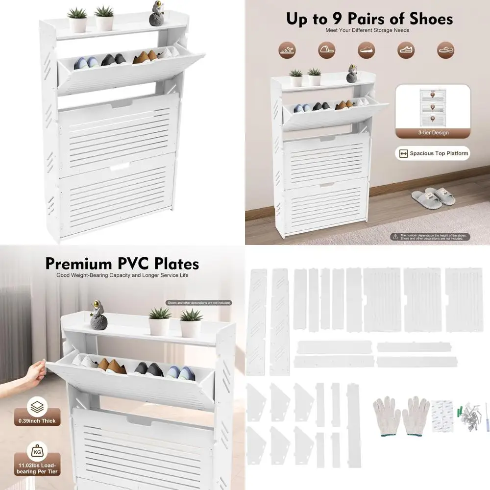 

Freestanding 3-Tier Shoe Cabinet with Louvered Doors for Entryway, Living Room, and Bedroom - White 27.56x6.69x42.91 inches