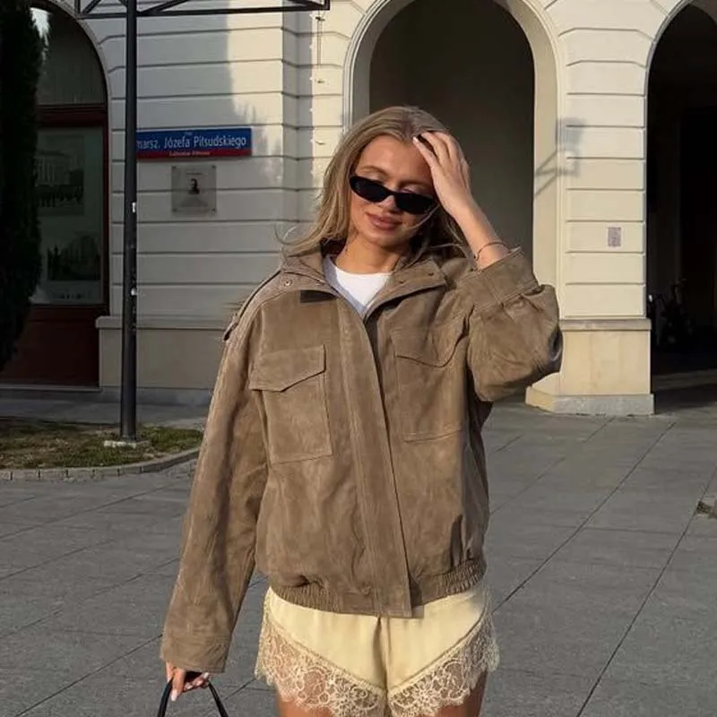 

YENKYE 2025 Women Stand-up Collar Faux Suede Leather Jacket Long Sleeve With Pockets Loose Outerwear Female Autumn Winter Coat