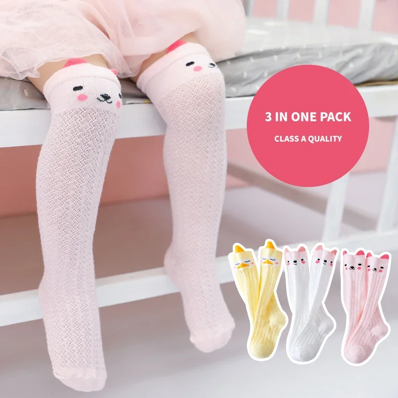Calcetines hasta la rodilla de malla para bebé recién nacido, de algodón liso, animales de verano, tela seleccionada, calcetines elásticos transpirables bonitos para bebés, niñas y niños