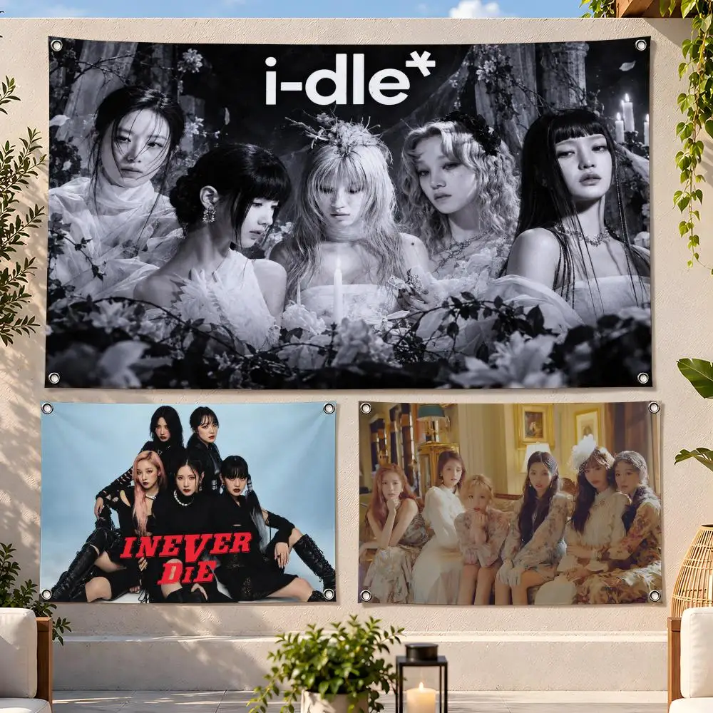 Group K-Pop i-dle Flags Fan Flag Banner Wall Hanging Outdoor Yard Camping Dorm Garage Party Home Decor Gift