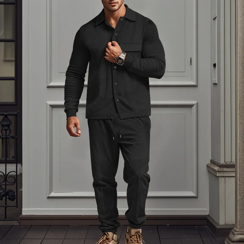 Men's Heavy-Weight Twill Jacket And Pants Set For Autumn And Winter, High-Quality Solid-Color Jacquard Long-Sleeved Pocket Shirt