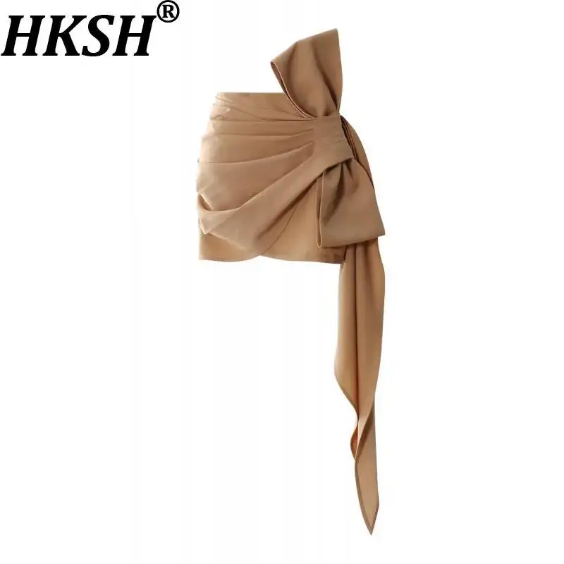 

HKSH Women Short Skirt Niche Asymmetric Pleated Bowknot Ribbon Solid Color French Elegant High-end Fashion Skirts Summer HK22594