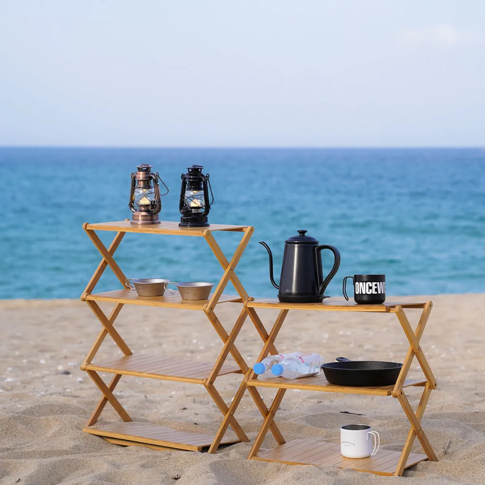 Wood Bamboo Outdoor Multifunctional Shelf Camping Foldable Portable Table Picnic Home Multi-scene Use 3-4 Layer Storage Rack
