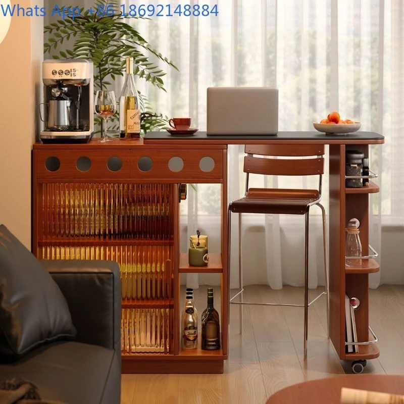 Solid Wood Bar Table Combined Island Counter for Balcony Living Room Small Space Extendable Coffee Side Cabinet