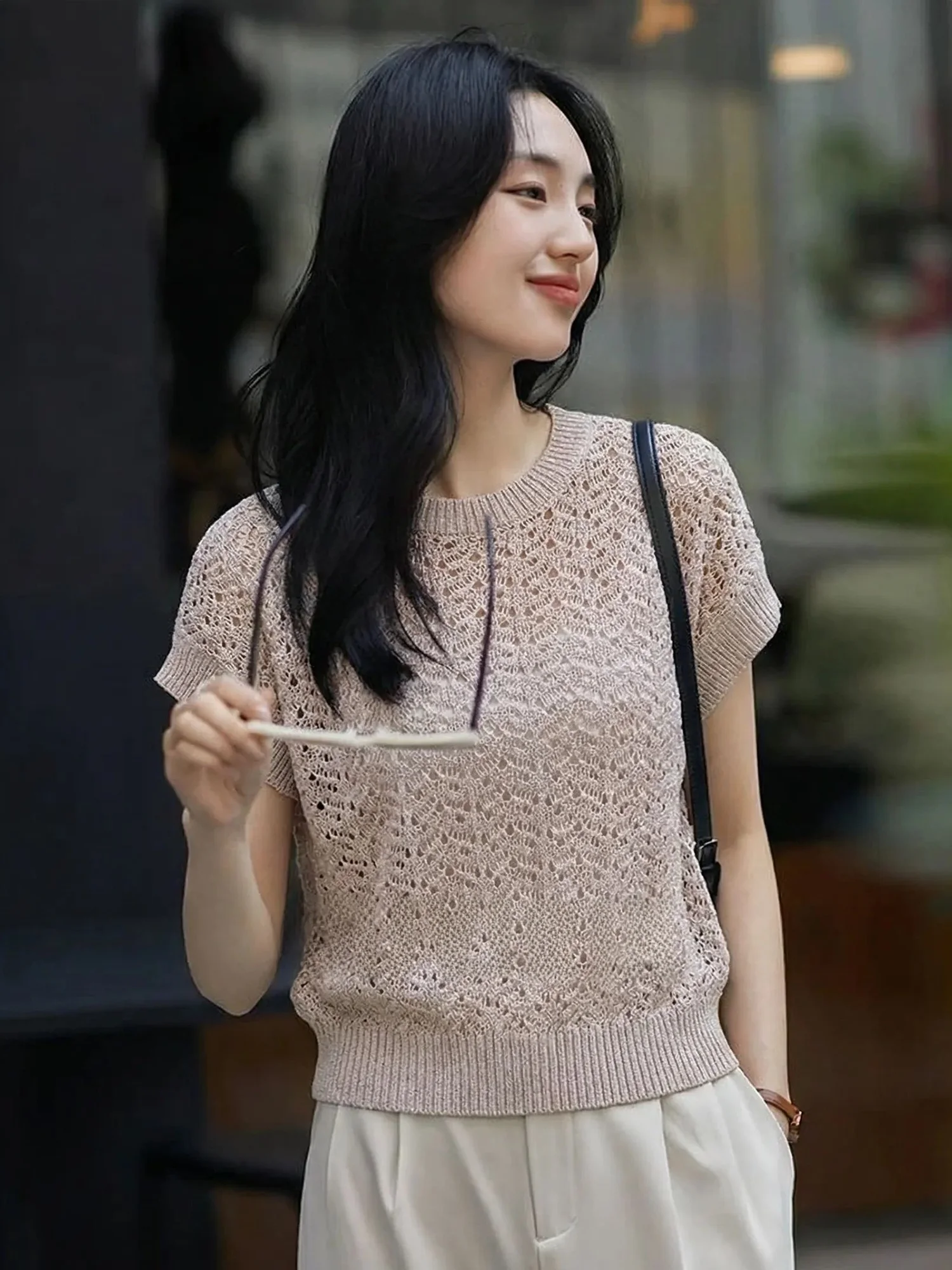 

Кашемировый вязаный свитер Chivirin с короткими рукавами для женщин, летний, приталенный, с круглым вырезом, с открытым передом, ажурный, модный, элегантный, нежный.