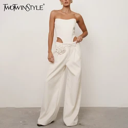 TWOTWINSTYLE Detachable Appliques Two Piece Set For Women Strapless Sleeveless Top High Wide Leg Pant Casual Sets Female Style