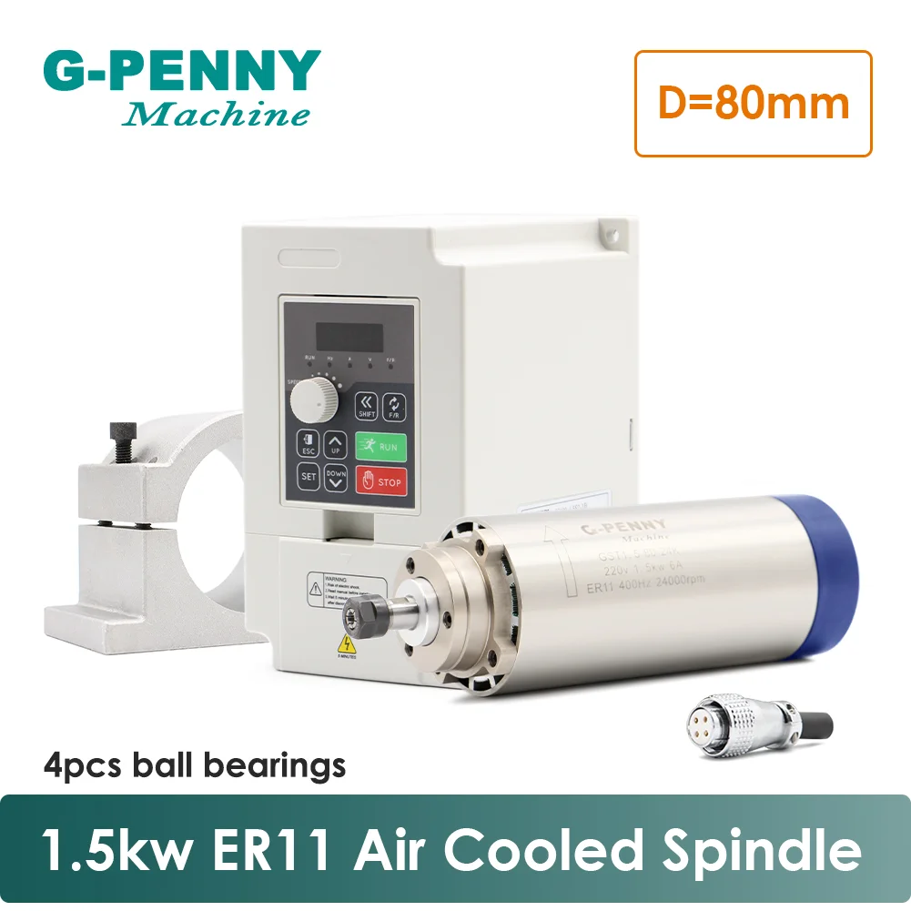 G-PENNY 220V 1.5KW ER11 CNC Air Cooled Spindle Motor 80mm Air Cooling 4Bearings CNC& 220v 1.5kw VFD inverter & 80mm bracket