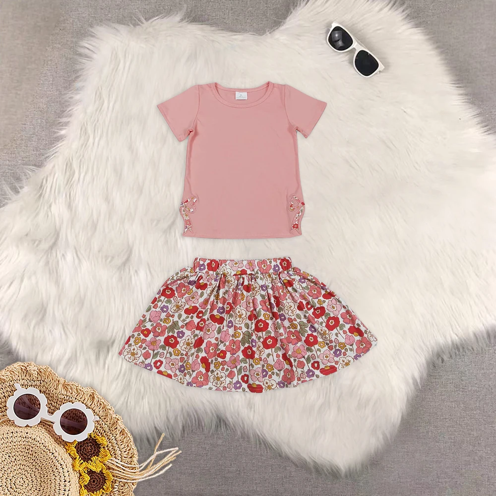 

GSD1721 Wholesale Summer girls dresses Embroidered bow short-sleeved flower striped pant skirts sets Boutique baby girl clothes