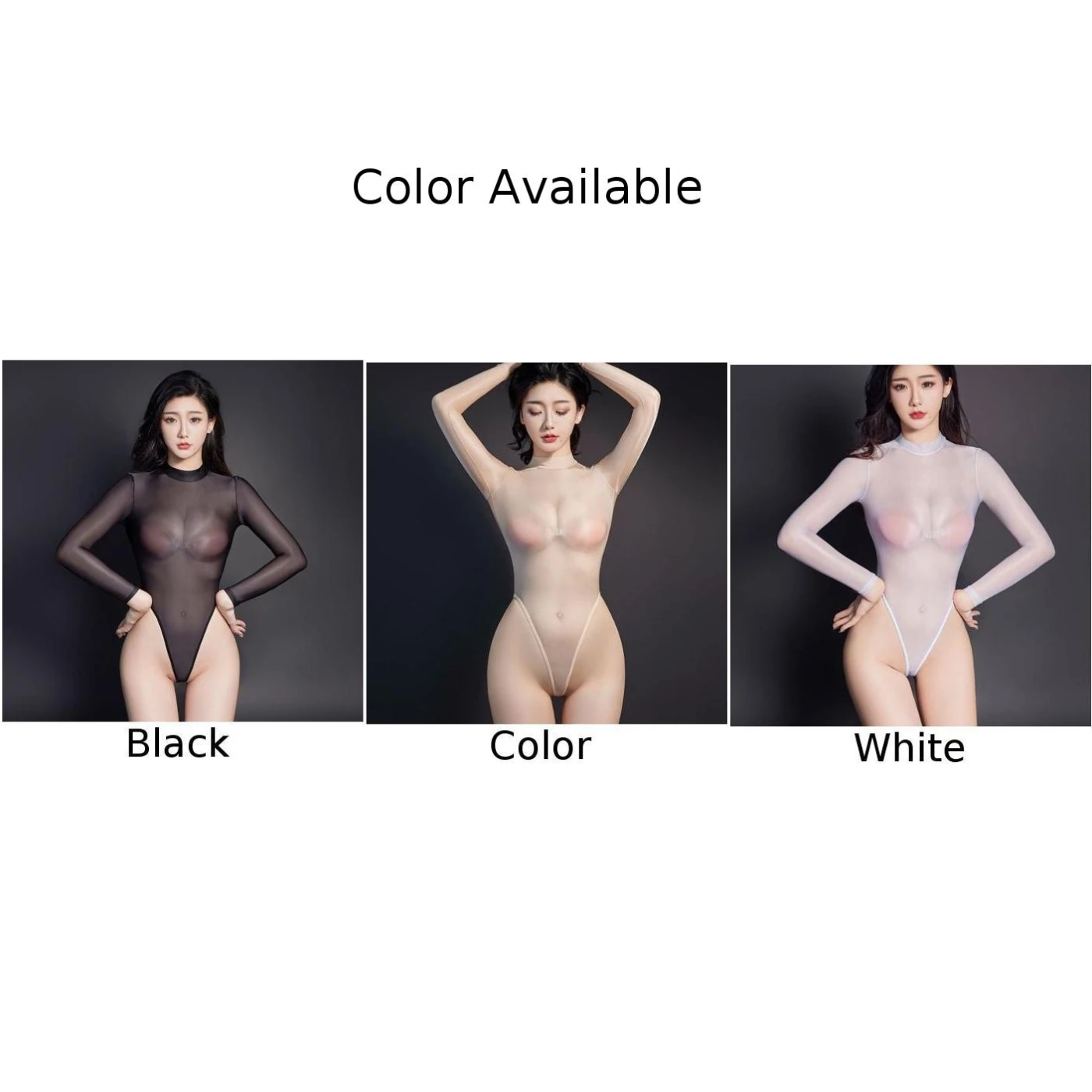 Women Sexy Oil Shiny Glossy Bodysuit Sheer See-through Long Sleeve Bodycon Lingerie High Cut Teddy Nightwear Erotic Lingerie