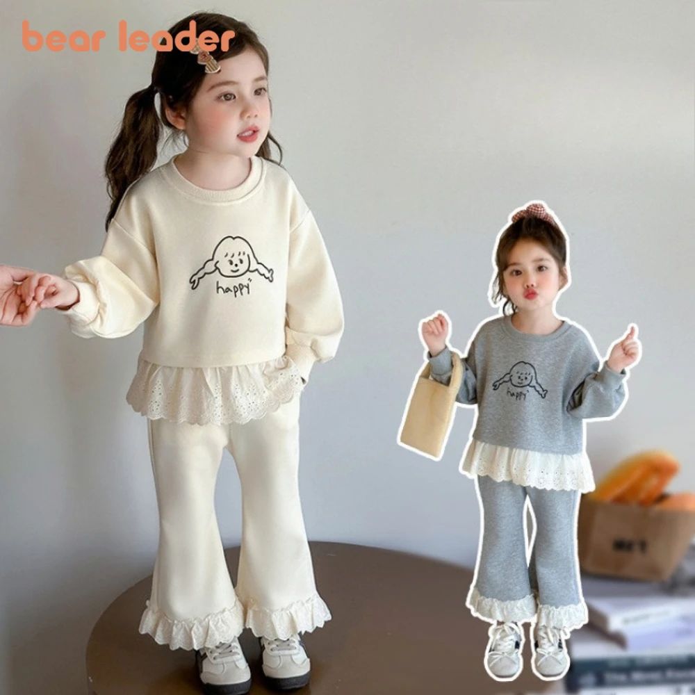 Bär Führer 2Pcs Herbst Einfarbig Mädchen Kleidung Spitze Spleißen Langarm Top + Hosen Koreanische Ausgabe Einfarbig kinder Set