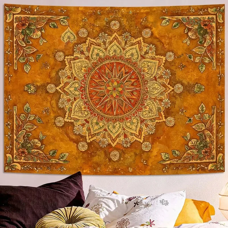 VIKAMA Yellow Boho Mandala Tapestry, Vintage Floral Ethnic Print Wall Hanging for Bedroom Dorm Living Room Home Decor