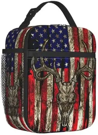 Dirty Hunting Camo Camouflage American Flag Green Black Deer Skull Portable Lunch Bag Insulated Lunch Box Reusable Totes For