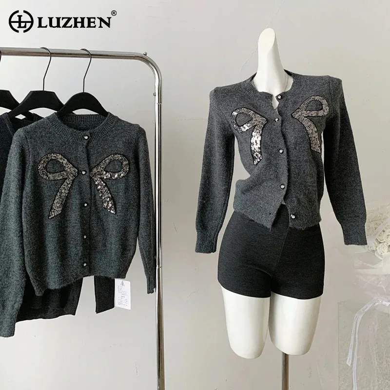 LUZHEN 2024 New Bow Patchwork Decorate Slim Wool Knitted Cardigan Women Autumn Winter Fashion Long Sleeve Casual Sweater AA1984