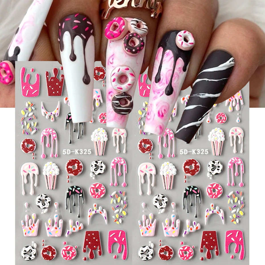 Autocollants pour ongles, crème glacée au chocolat, beignet, pop-corn 3D, Dessert sucré, Dessert d'été, décalcomanies pour manucure, décoration Nail Art, 2 pièces