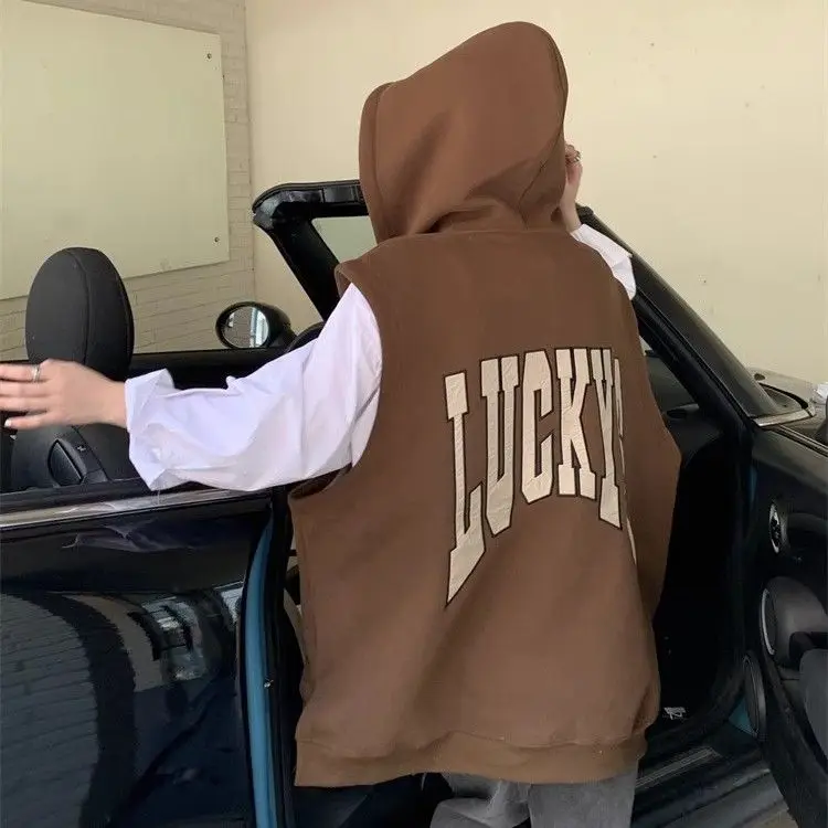 2025 Spring Coffee Color Letter Printed Zipper Hoodie Hoodie Vest Medium Length Coat