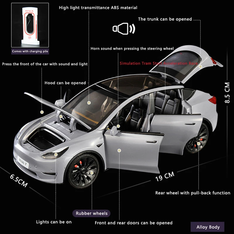 1:24 simulación de Tesla, modelo de coche de aleación, nuevo vehículo de energía, sonido y luz, tire hacia atrás, colección de coches de juguete,