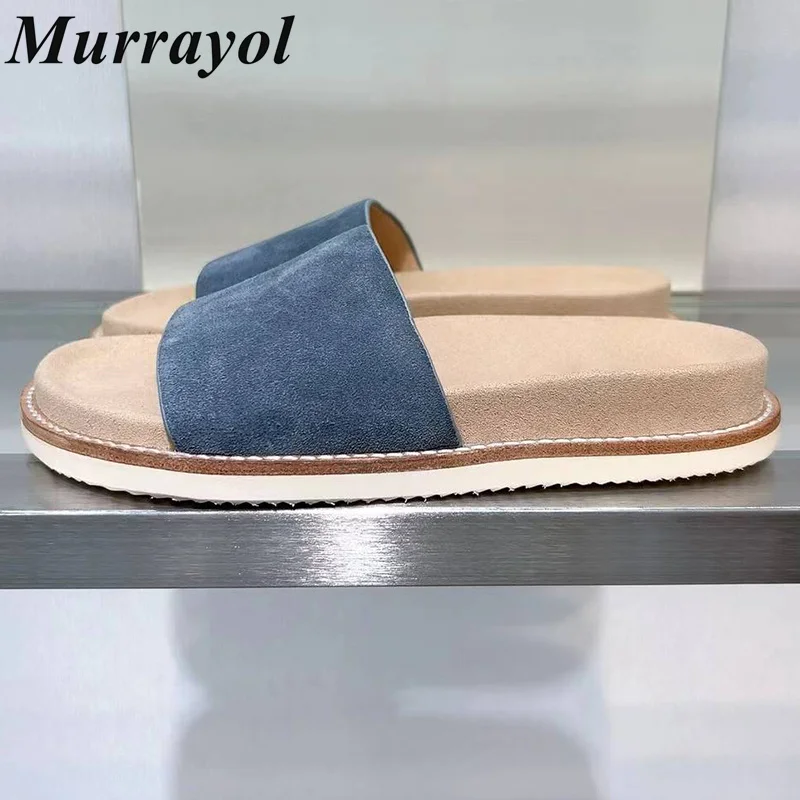 

One Strap Cow Suede Solid Color Flat Slippers Open Toe Thick Bottom Slippers Summer Outdoor Vacation Beach Shoes Slides Unisex