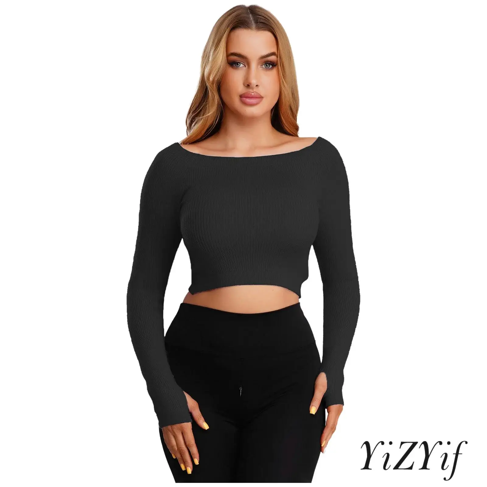 Pull de danse de Performance de gymnastique de Ballet pour femmes, haut court tricoté à manches longues avec trou pour le pouce pour l'entraînement de danse de Yoga moderne