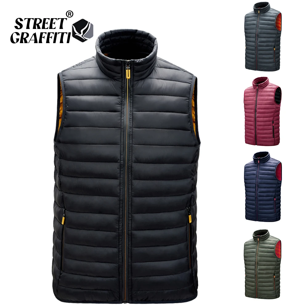 S.T.G-Gilet en fibre de duvet à fermeture éclair solide pour hommes, gilet décontracté, coupe-vent chaud, vestes de haute qualité, mode masculine, hiver, 2024