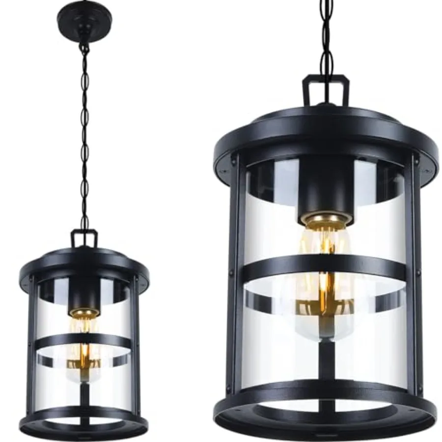Outdoor Pendant Lantern, Aluminum Pendant Light in Black Finish for Porch, 1-Pack Exterior Hanging Lantern with Clear Glass and