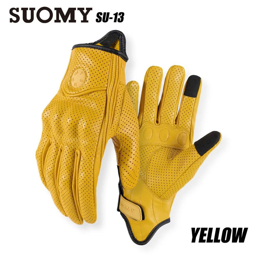 

New Retro Motorcycle Leather Gloves Yellow Perforated Breathable Motocross Gloves Anti-fall Motorbike Gloves Man Touchscreen