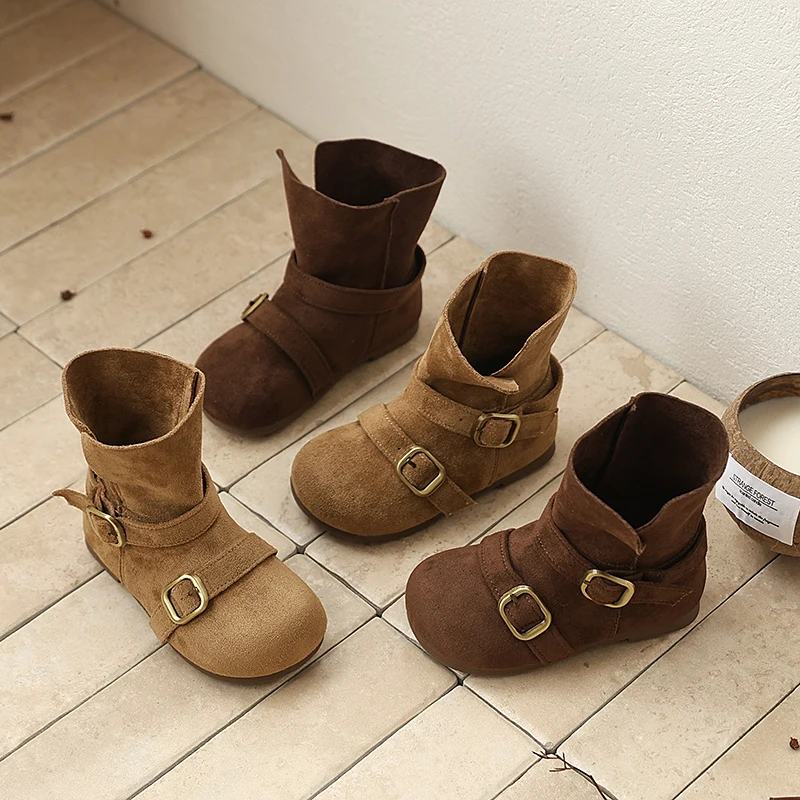 Kids Mid Calf Boots Soft Sole Non Slip Children Fashion Leather Boots Girls Retro Cowboy Boots 2026 Autumn Winter