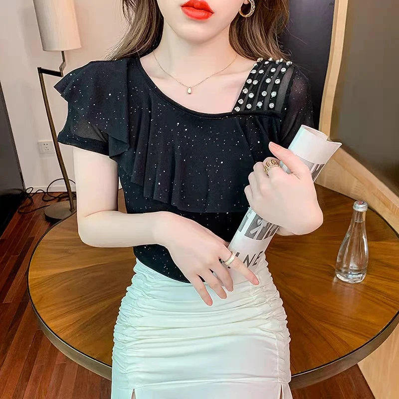 New Summer Femme Clothes Mesh T-Shirt Women Chic Sexy Off Shoulder TShirt Shiny Diamonds Tees Ruffles Patchwork Short Sleeve Top