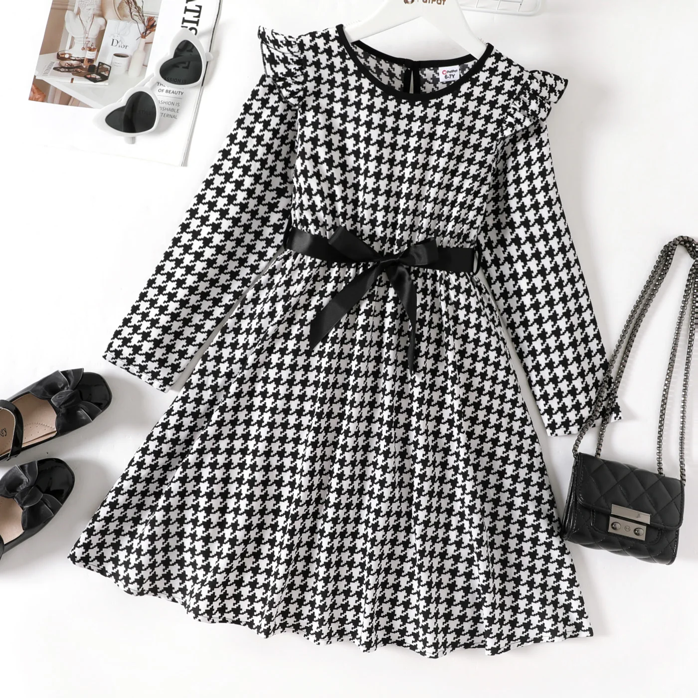 PatPat Kid Girl Dresses Elegant Houndstooth Print Ruffled Belted Long-sleeve Dresses Kids Clothes Girls Dress