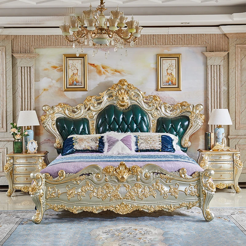 

Deluxe villa master bedroom 2 meters queen bed princess wedding leather bedroom queen European solid wood