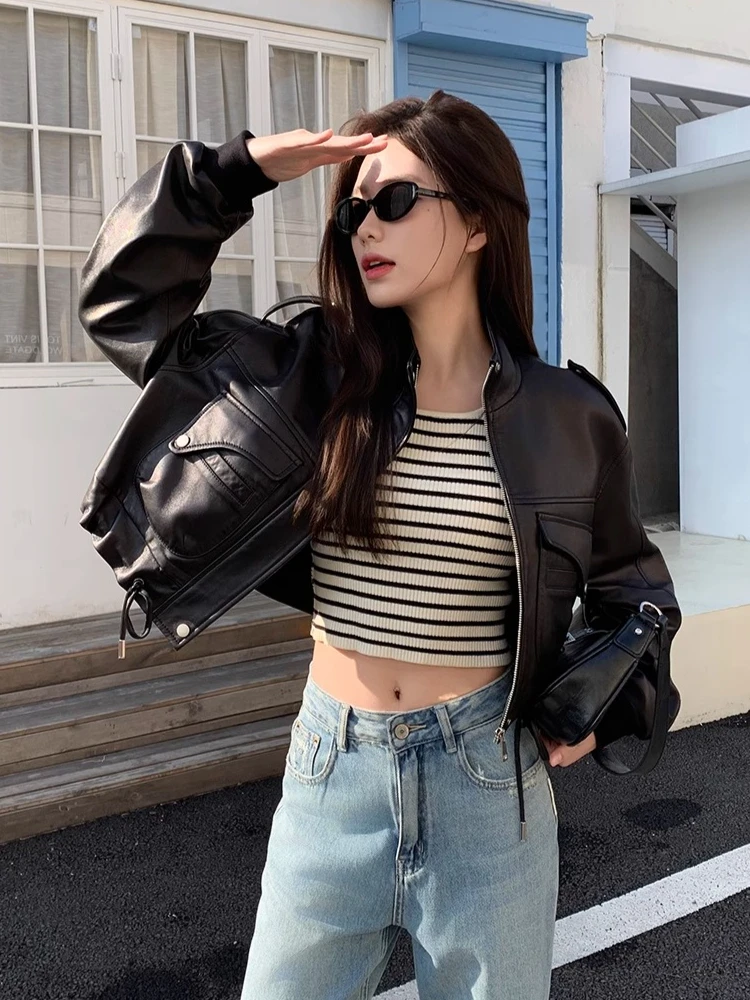 Casual Short Genuine Leather Motorcycle Jackets Women Spring Autumn High-end Simple Stand Collar Soft Black Real Sheepskin Coat