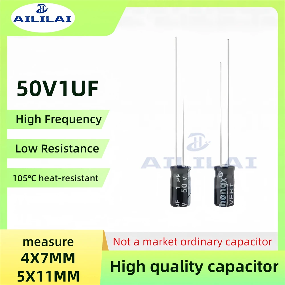 

50PCS Original 50v1uf Low ESR/Impedance High Frequency 50V 1UF Aluminum Electrolytic Capacitor 50V1UF Size: 4X7/5X11MM