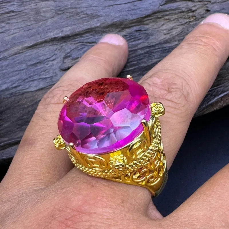 Gold Tone Filigree Ring, Large Round Fuchsia Created Gem, Retro Ethnic Bold Statement Finger Jewelry