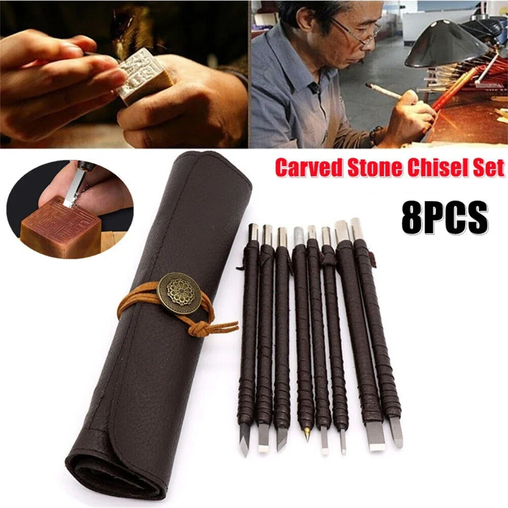 

8 PCs Wood Carving Tools Set Stone Seal Craft Engraving Wood Carving Tools Tungsten Steel With Storage Roll Bag