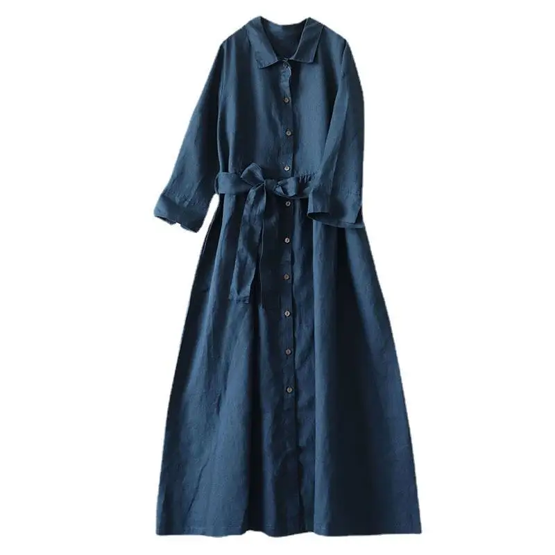 Polo Pure Linen Dress Button 2024 Spring Summer Japanese Style Soild Women's Long Dresses with Button Belt New Cusal Robe Ladies