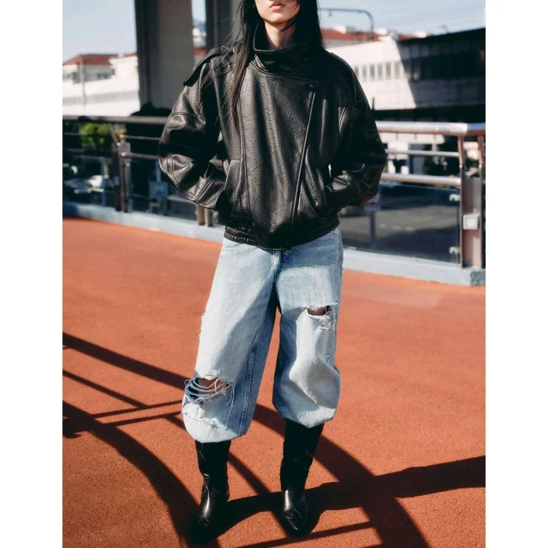 秋の新作 レディース バイク用 PUレザー ジャケット ロング丈 スタンドカラー 暖かい カジュアル ストレートフィット レディース アウター...