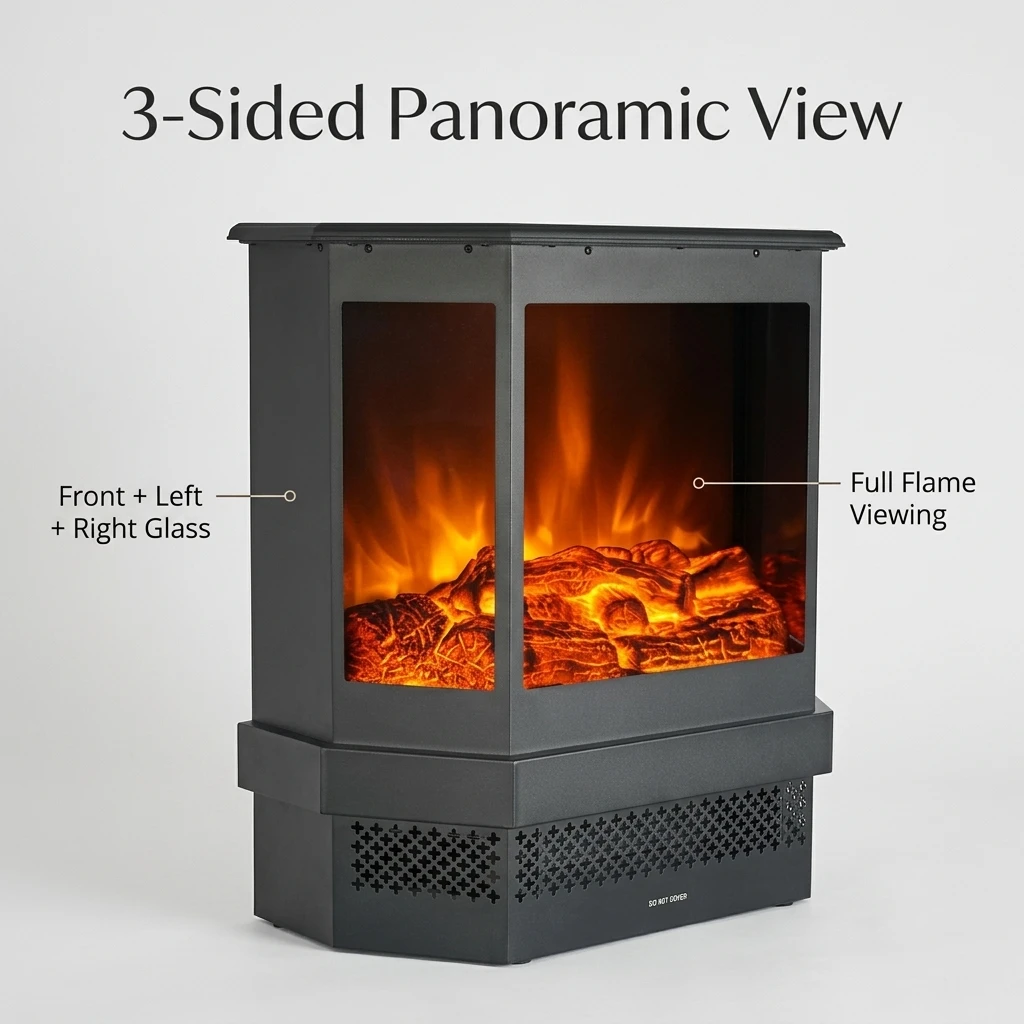 3-Sided View Metal Electric Fireplace Stove with Realistic Flame Effect Lighting Freestanding Heater for Indoor Home Decor