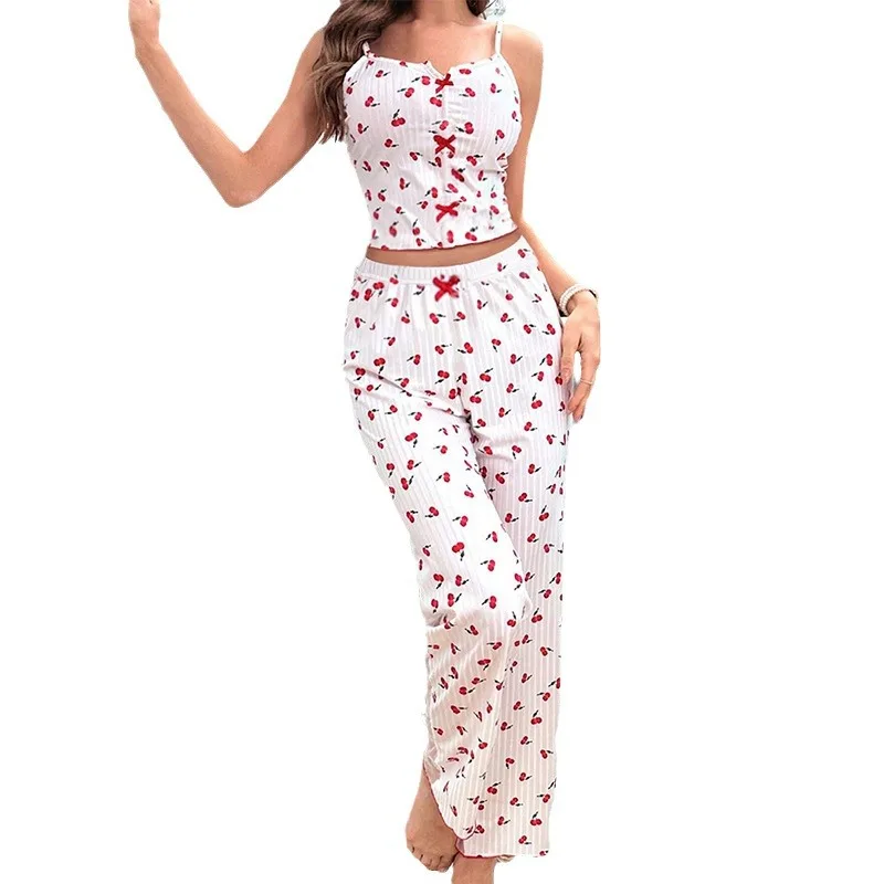 Women 2 Pieces Lounge Sets Cherry Heart Print Cami Tops with Elastic Waist Pants Sleepwear Summer Sheer Mesh Pjs