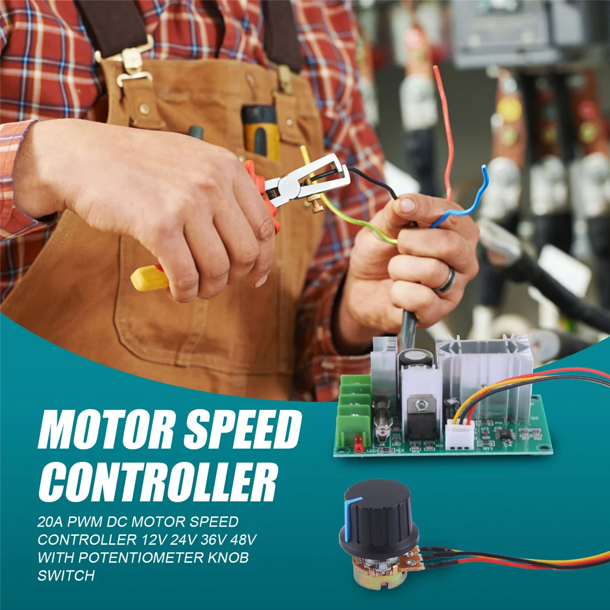 PWM DC 모터 속도 컨트롤러, 전위차계 노브 스위치 포함, 20A, 12V, 24V, 36V, 48V