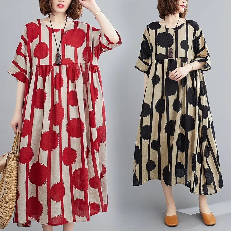 

2025 Summer Cotton and Linen Dot Printed Loose Casual Dress Women O Neck Short Sleeve Patchwork Commute Street Maxi Dresses
