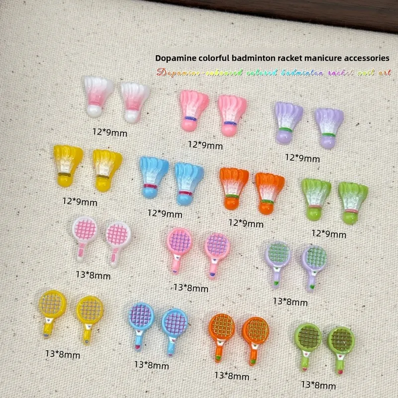 20pcs 3D Mini Cartoon Simulated Badminton Nail Charms Colorful Dopamine Racket Resin DIY Press On Nails Accessories Wholesale