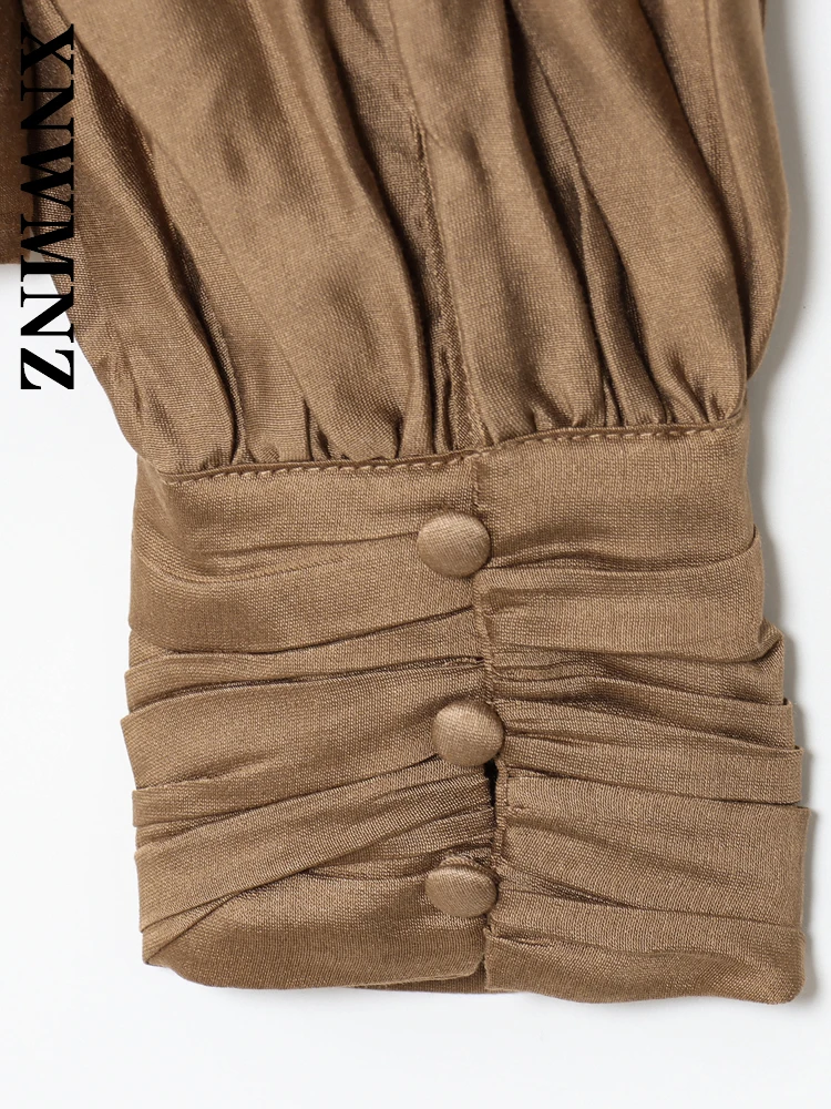Xnwmnz 2025 outono nova senhora viajando moda manga longa gola rugas manga longa topo vintage chique mulher simples topo