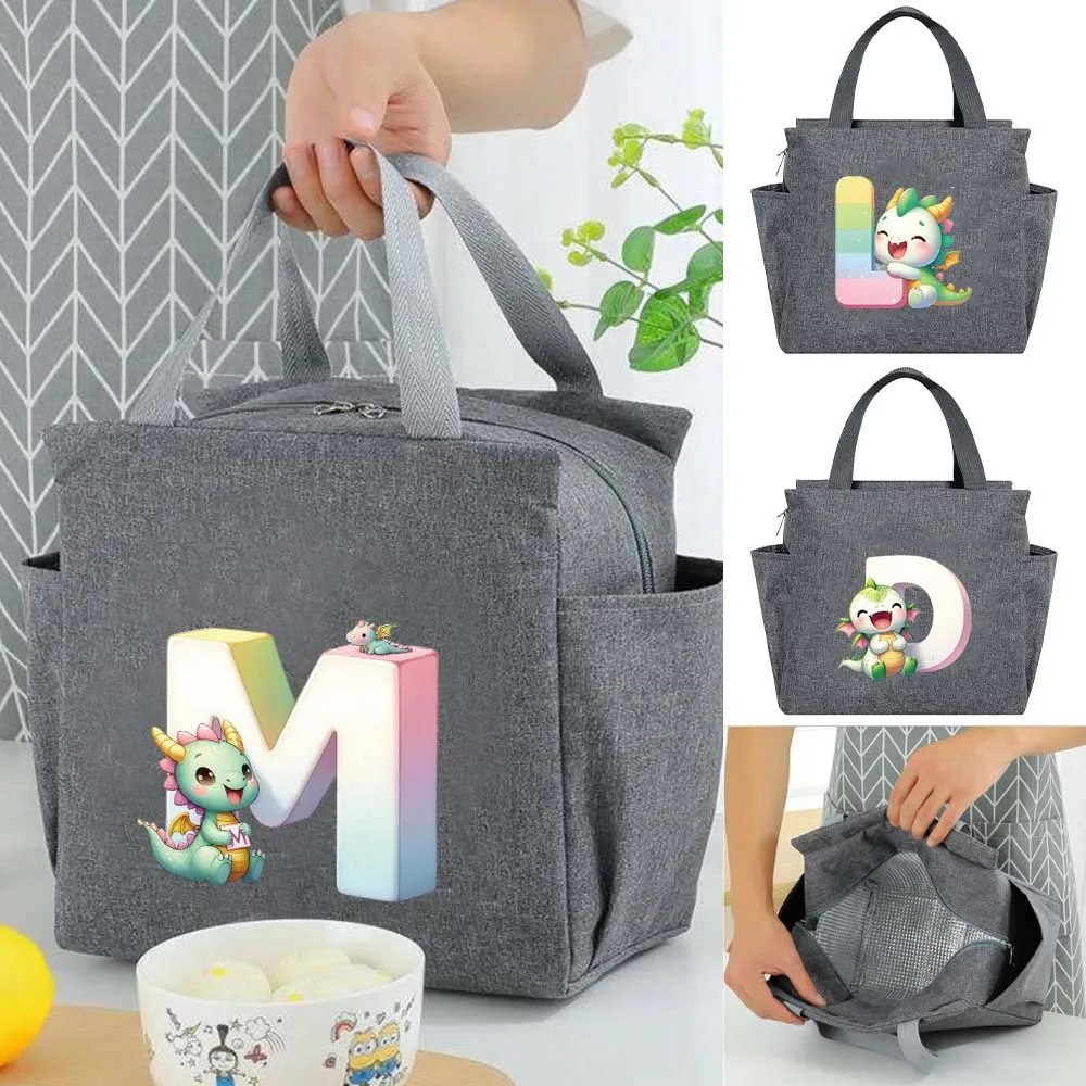 Plain Canvas Insulated Lunch Tote Bag Cartoon AnimAl  Letter Print Storage Bag Portable Handbag for Daily Lunch