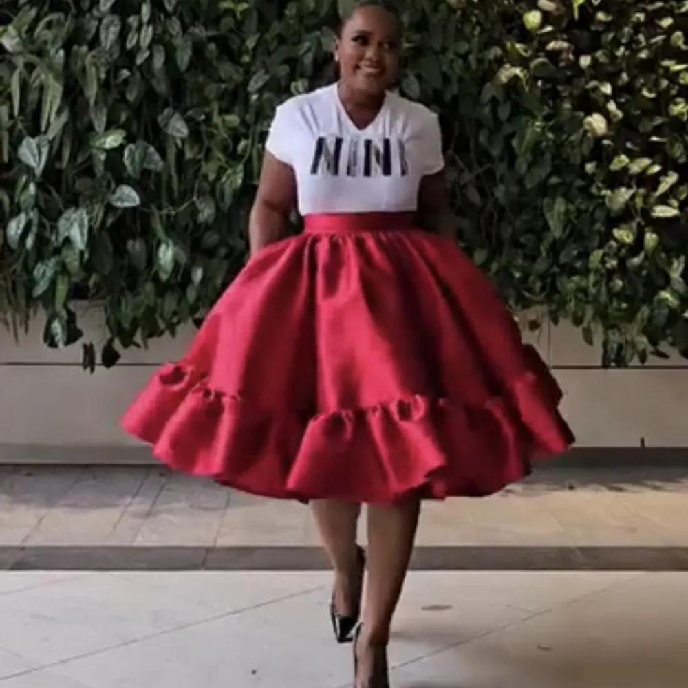

Knee Length Dark Red Skirt For Women Satin High Waist Skirts Girls Female Skirt Oversize Wmen Party Wear