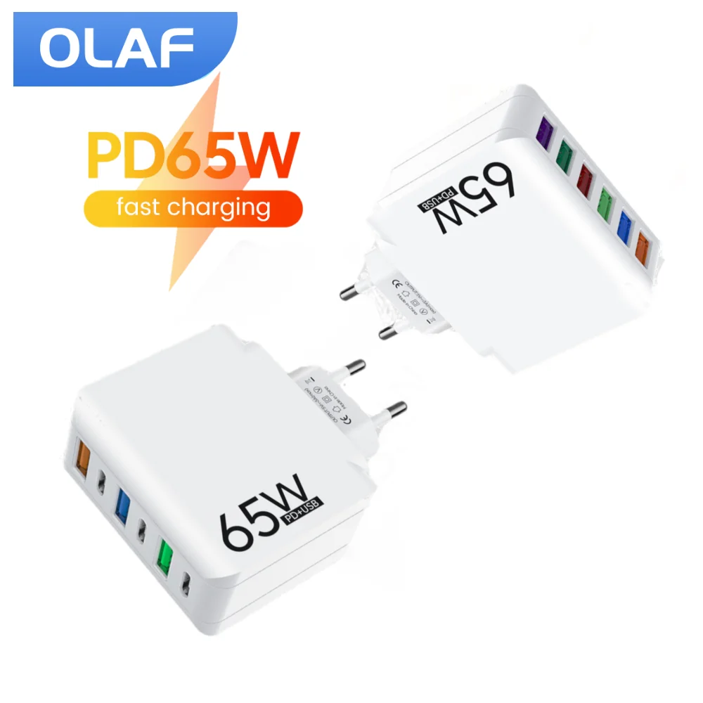 Olaf  PD 65W Phone Charger 6 Ports USB A Fast Charging Phone Adapter For Huawei Xiaomi Samsung Quick Charge 3.0 Charger