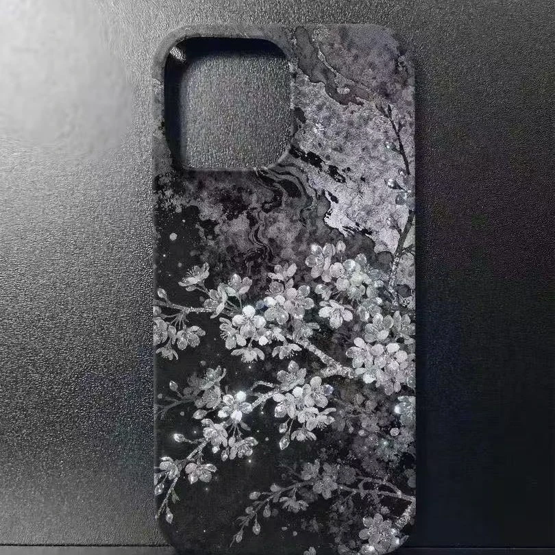 Fashion personality Black Silver Cherry Blossom Phone Case For iPhone 17 16 15 14 13 12 11 Pro Max Shockproof Soft Back Cover